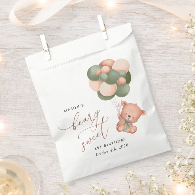 Sachets En Papier Ours de bébé, Ballons verts, Premier anniversaire (Coupé)