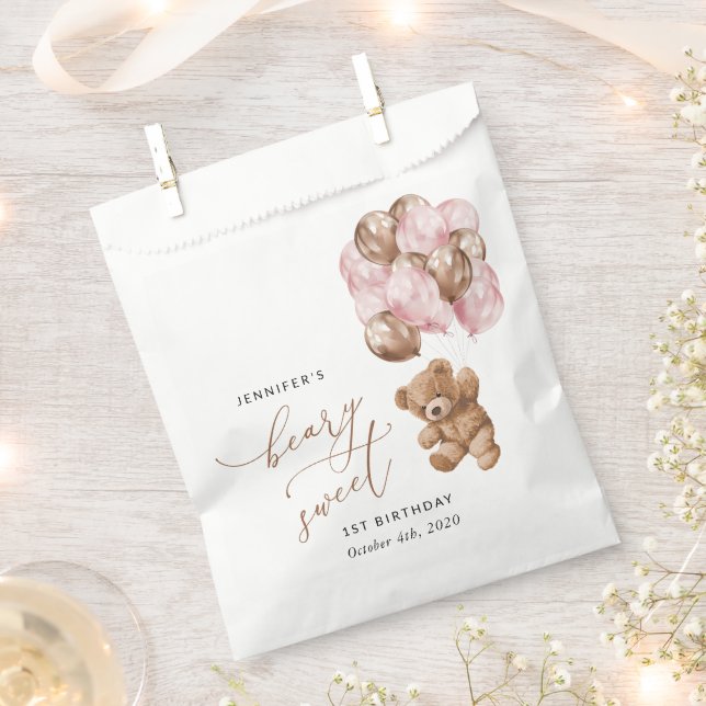 Sachets En Papier Ours En Joue, Ballons Roses, Premier Anniversaire (Coupé)