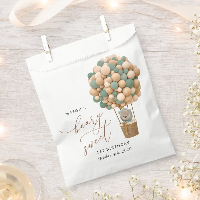 Sachets En Papier Ours mignon, Ballons verts, Premier anniversaire (Coupé)