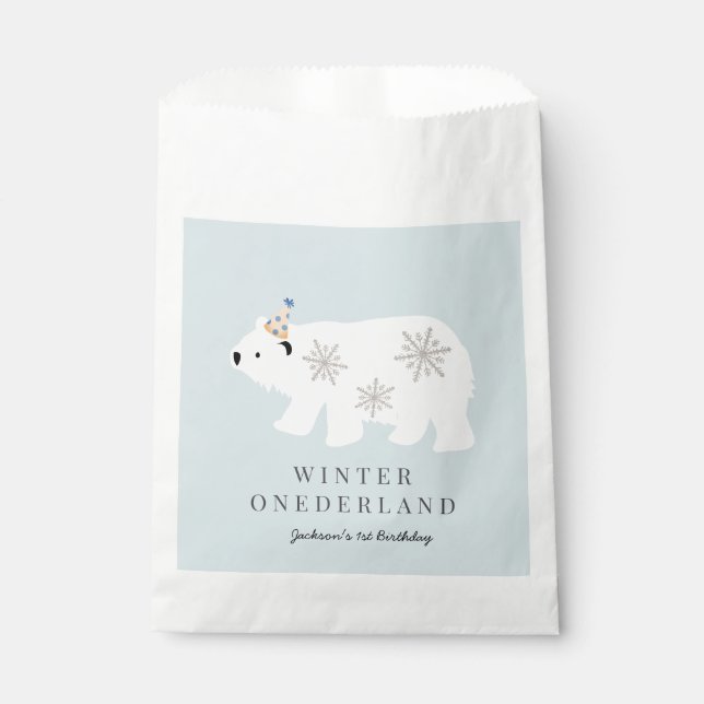 Sachets En Papier Ours polaire Hiver Onederland Bleu 1er anniversair (Devant)