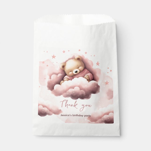 Sachets En Papier Ours rose sur les nuages sac d'anniversaire bébé (Devant)