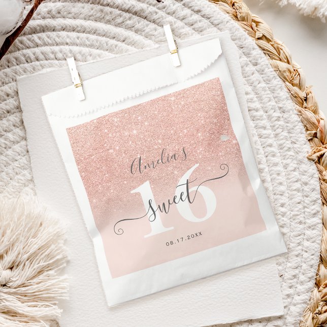 Sachets En Papier parties scintillant en or rose  sombre rose brilla (Rose gold glitter ombre blush pink script Sweet 16 Favor Bag)