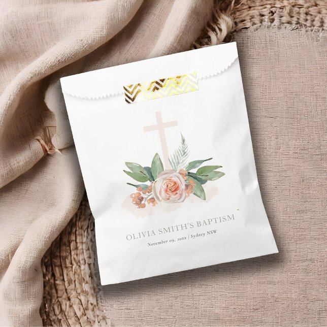 Sachets En Papier Pastel Doux Peach Rose Floral Cross Bunch Baptême (Créateur téléchargé)