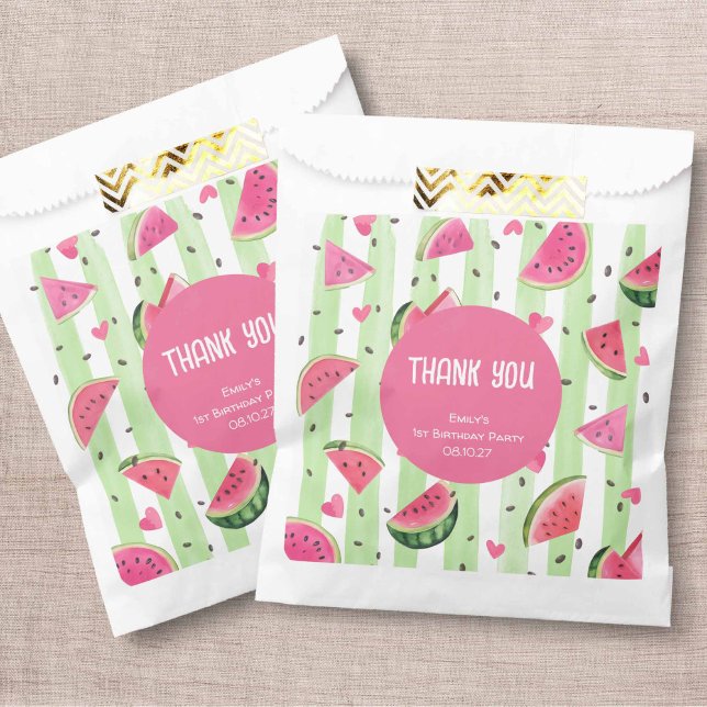 Sachets En Papier Pastèque Rose mignonne, Fille Anniversaire d'été (Cute Pink  Watermelon, One In a melon, Summer Birthday Theme, Girl Party Favor bags.)
