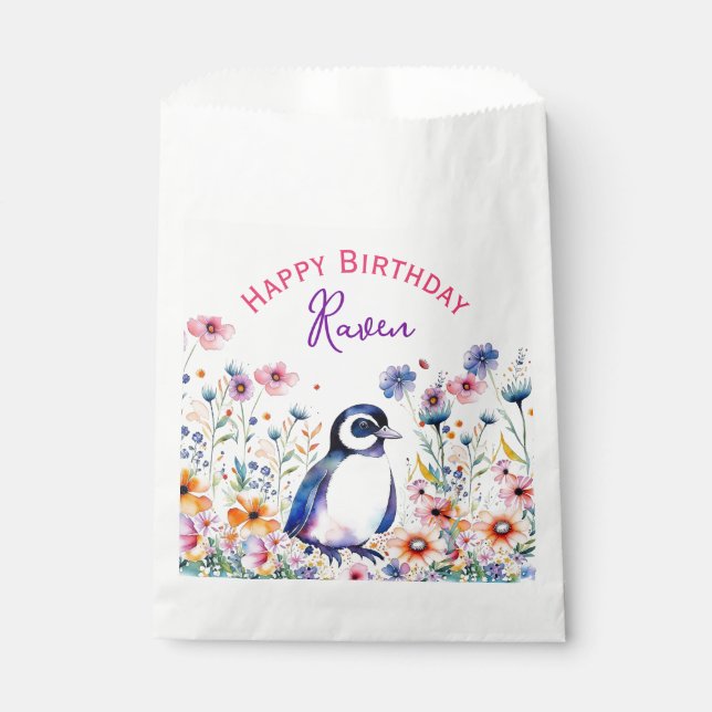 Sachets En Papier Pingouin en fleurs Fille Anniversaire Personnalisé (Devant)