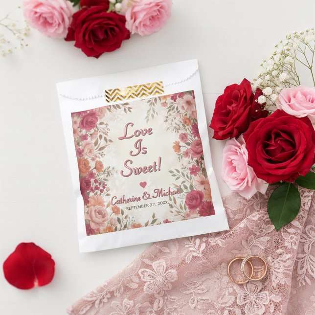 Sachets En Papier Pink & Red Romantic Rose Spring Wedding  (Flat lay pink red floral spring vintage wedding 'love is sweet' favor bag )