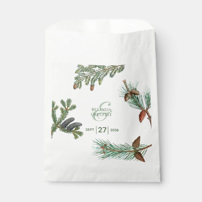 Sachets En Papier Pins rustiques Mariage de verdure forestière (Devant)