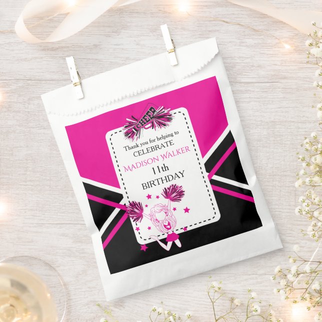 Sachets En Papier Pom-pom girl fête d'anniversaire rose chaud, noir, (Coupé)