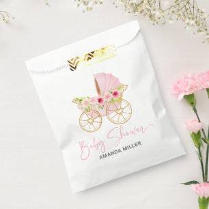 Sachets En Papier Poussette rose fleurie pour bébé, Typographie Baby
