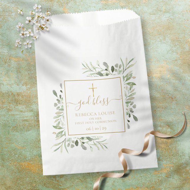 Sachets En Papier Première communion vert doré script (Créateur téléchargé)