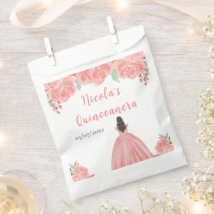 Sachets En Papier Princesse aux Cheveux Bruns Robe Florale Rose Quin