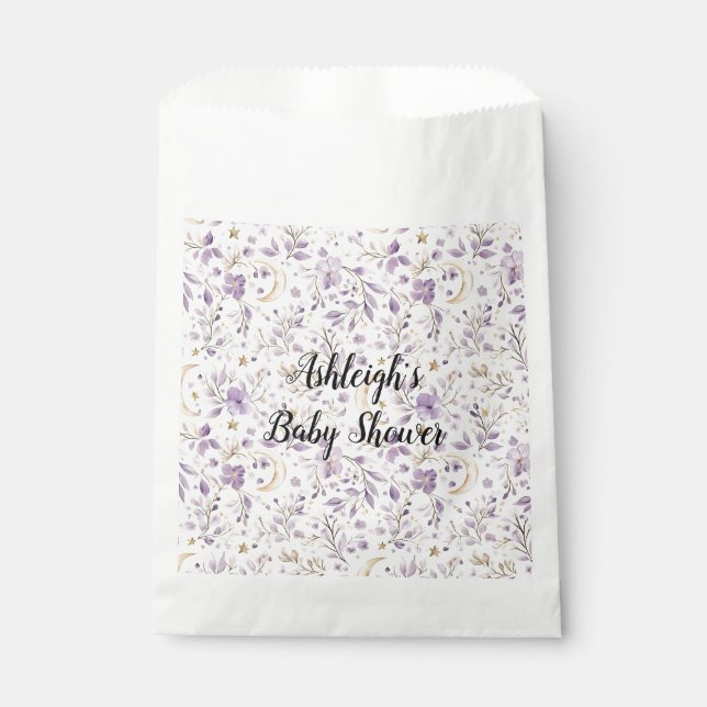 Sachets En Papier Purple White Moons & Stars Floral Baby Shower (Devant)