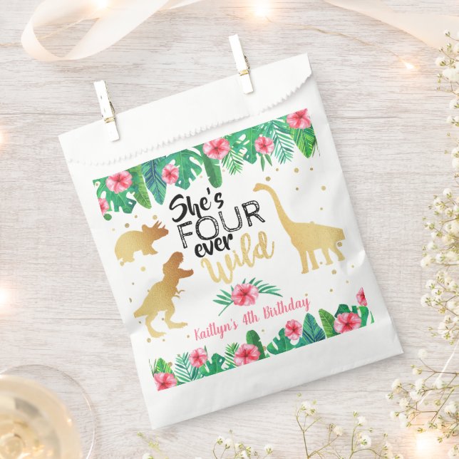 Sachets En Papier Quatre Dinosaures Filles sauvages 4e fête d'annive (Coupé)