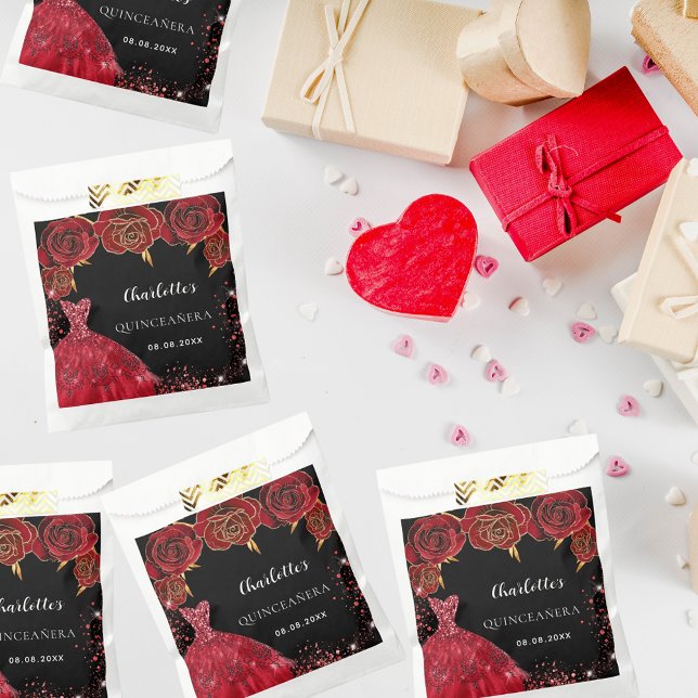 Sachets En Papier Quinceanera fleurs de robe rouge noire (Créateur téléchargé)