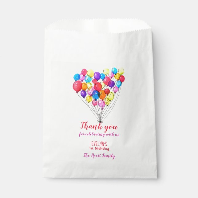Sachets En Papier Rainbow BALLOON fille 1er anniversaire Merci rose (Devant)