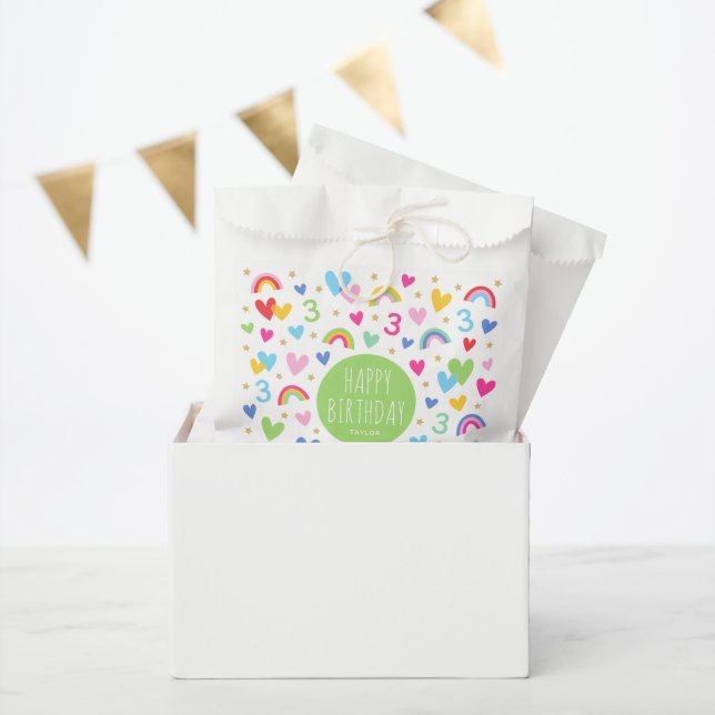 Sachets En Papier Rainbow Hearts 3e anniversaire Nom de la fête Vert (Fête)