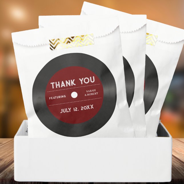 Sachets En Papier Retro Red Vinyl Record noir Mariage Merci (Retro Red Vinyl Record Black Wedding Thank You Favor Bag)
