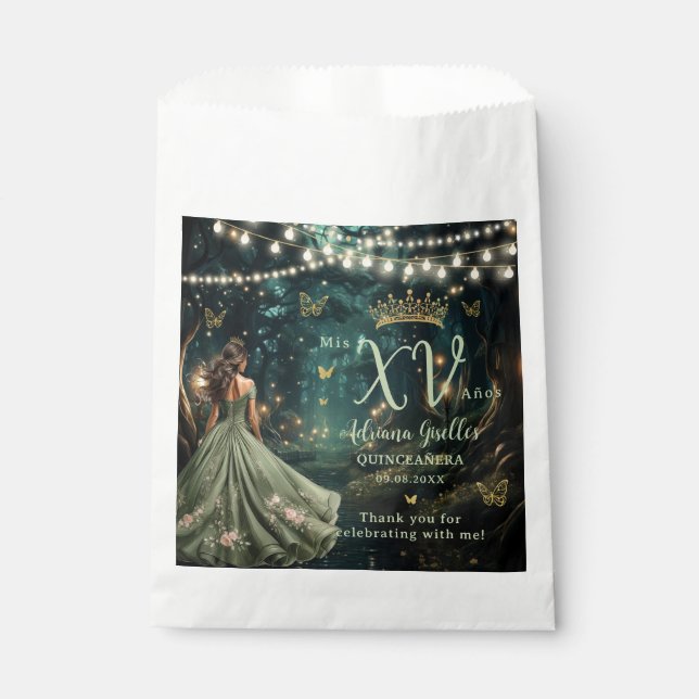 Sachets En Papier Robe verte de la forêt enchantée Quinceañera XV (Devant)