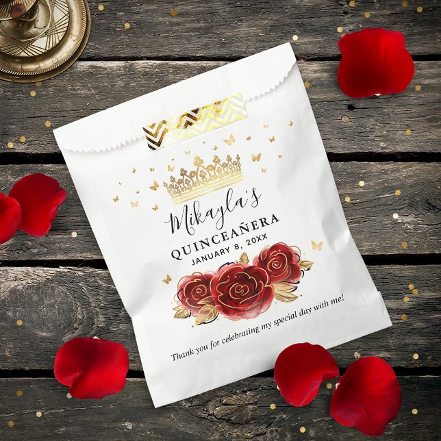 Sachets En Papier Rose Rouge Or Noir Élégant Quinceanera Merci (Elegant red and gold personalized thank you favor bags for your guests!)