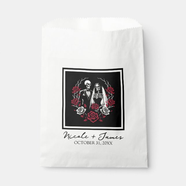 Sachets En Papier Roses blanc rouge et noir squelette Mariage couple (Devant)