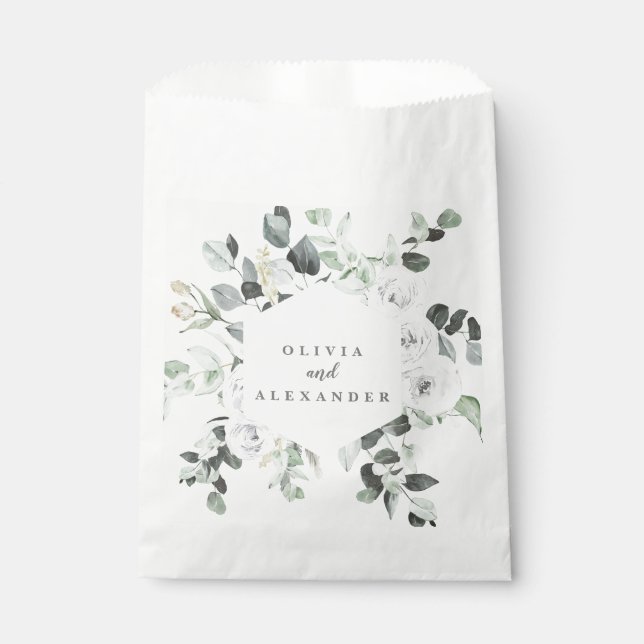 Sachets En Papier Roses blanches et verdure mariage floral monogramm (Devant)