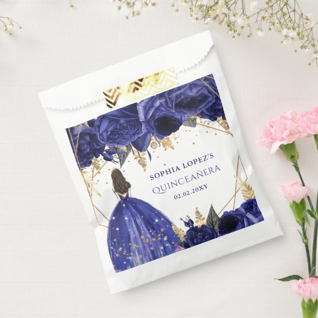 Sachets En Papier Royal Blue Gold Floral Princess Quinceanera (Scellé)