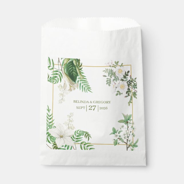 Sachets En Papier Rustique blanc vert aquarelle Mariage or Floral (Devant)