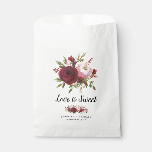 Sachets En Papier Rustique Bourgogne Blush Flowers Mariage bonbon (Devant)