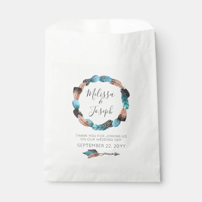 Sachets En Papier Rustique Turquoise Mariage Boho en plume Wreath (Devant)