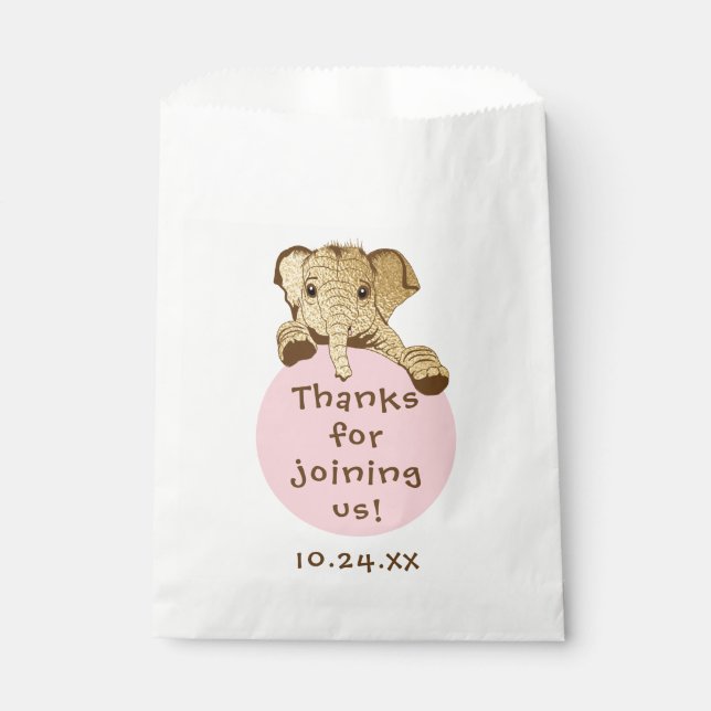 Sachets En Papier Sac baby shower Faveur, Eléphant Rose Or (Devant)