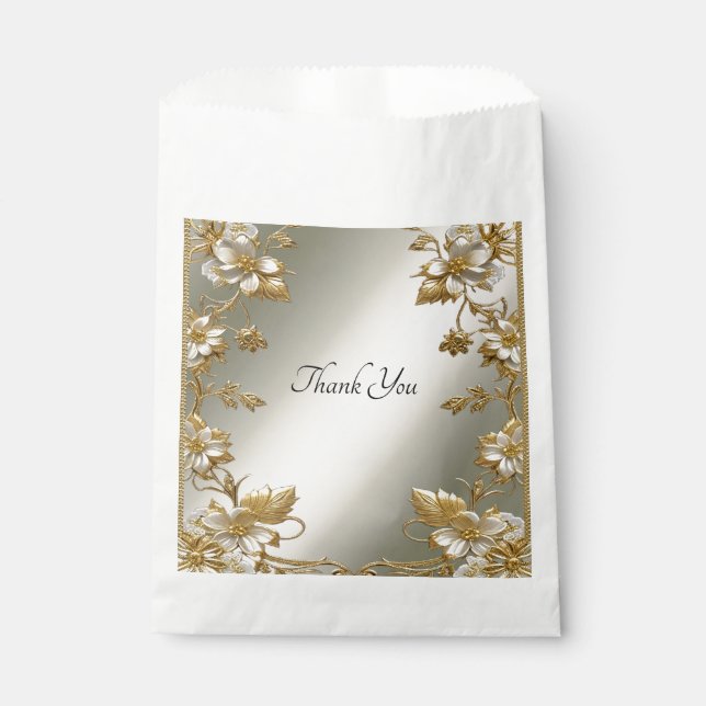 Sachets En Papier Sac Faveur Ornate Or Floral Blanc (Devant)