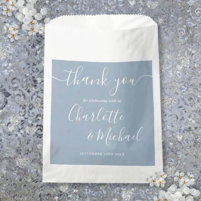 Sachets En Papier Signature Script Mariage Dusty Merci bleu (Signature Script Wedding Dusty Blue Thank You Favor Bag)