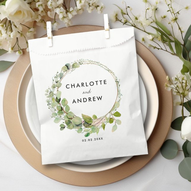 Sachets En Papier Simple, élégant eucalyptus  (Simple, elegant eucalyptus wedding favor bag with your name and date.)