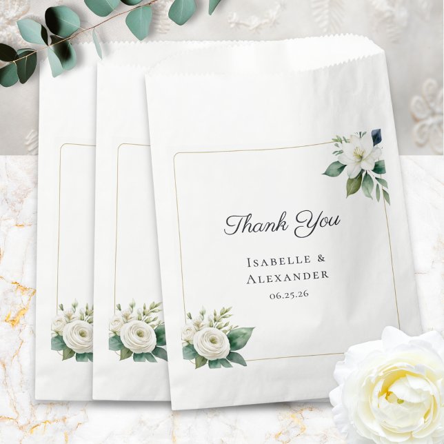 Sachets En Papier Simple Elegant Floral Personalized Wedding (Elegant wedding favor bags with classic white flowers, personalized with names and wedding date)