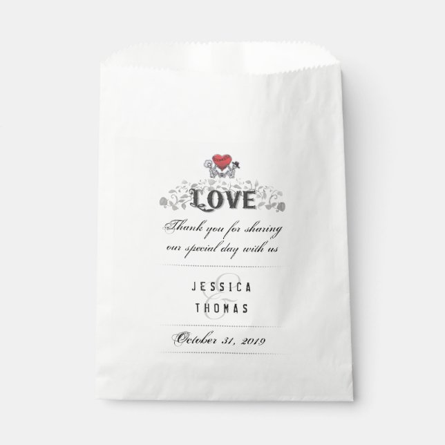 Sachets En Papier Skeletons d'Halloween Red Heart LOVE Noms Mariages (Devant)