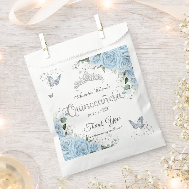 Sachets En Papier Sky Blue Floral Butterflies Silver Quinceañera 16 (Coupé)