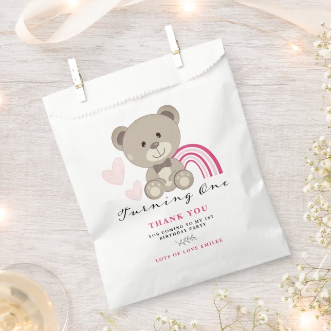 Sachets En Papier Teddy Bear 1er Anniversaire Pink Faveur Sac (Coupé)