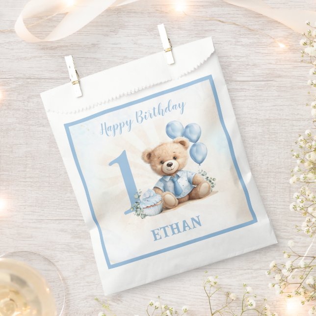 Sachets En Papier Teddy Bear Anniversaire Garçon Bleu Beige Faveur S (Coupé)