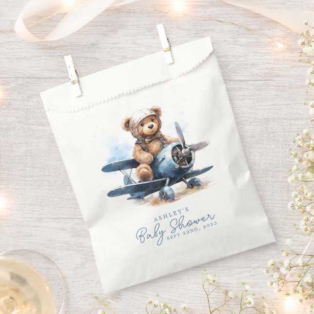 Sachets En Papier Teddy Bear Avion Aquarelle Baby shower garçon (Coupé)
