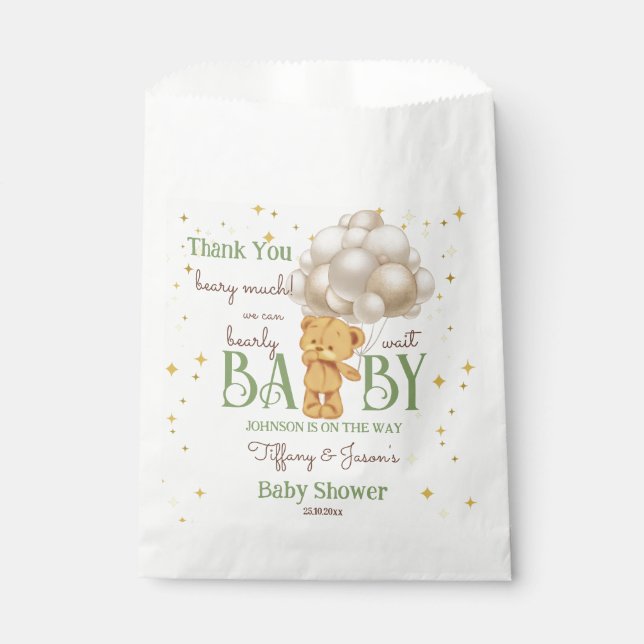 Sachets En Papier Teddy ours bearly attends vert brun baby shower (Devant)