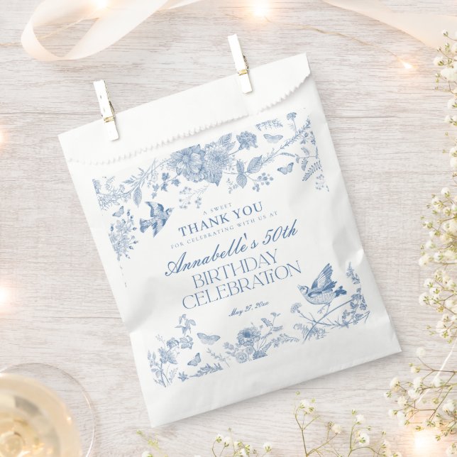 Sachets En Papier Toile Bleue De Jouy Floral Anniversaire Dessert (Coupé)