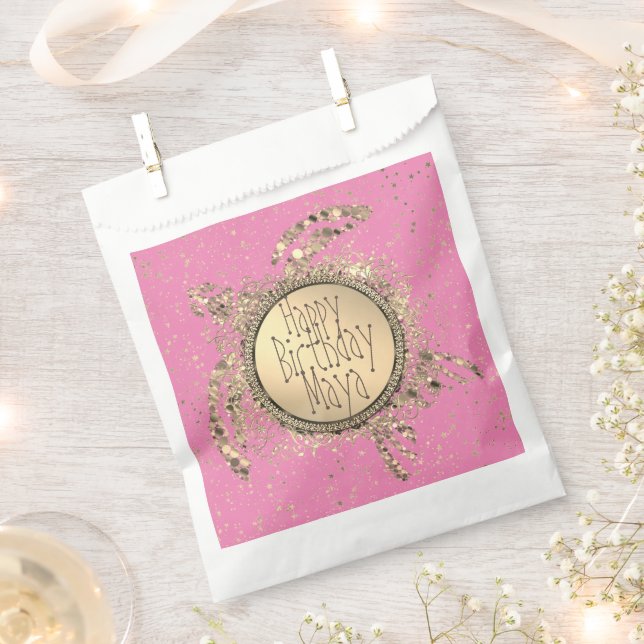 Sachets En Papier Tortue dorée sur rose Anniversaire Personnalisé (Coupé)
