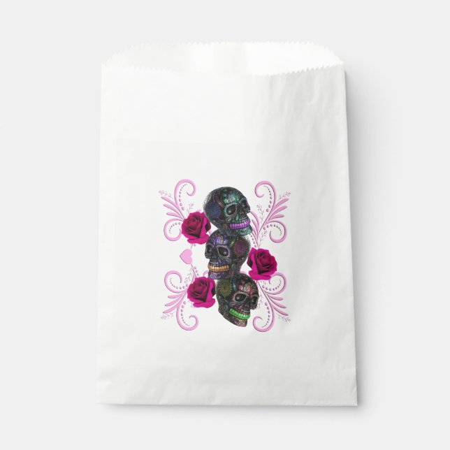 Sachets En Papier Triple Jour Noir Des Crânes Morts Roses Rose (Devant)
