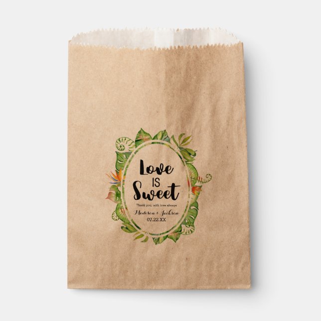 Sachets En Papier Tropical Palm Leaf Island Mariage L'amour est doux (Devant)