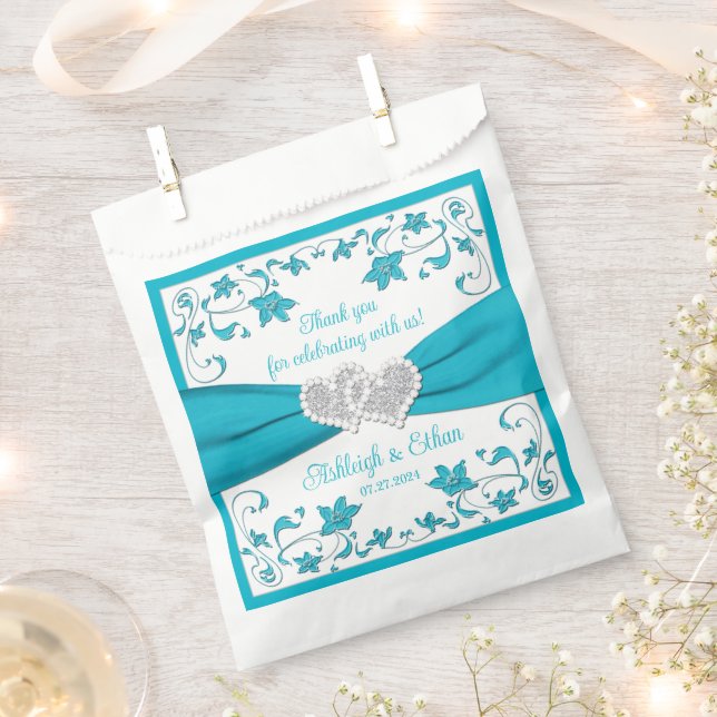 Sachets En Papier Turquoise, Blanc, Silver Love Hearts Mariage (Coupé)