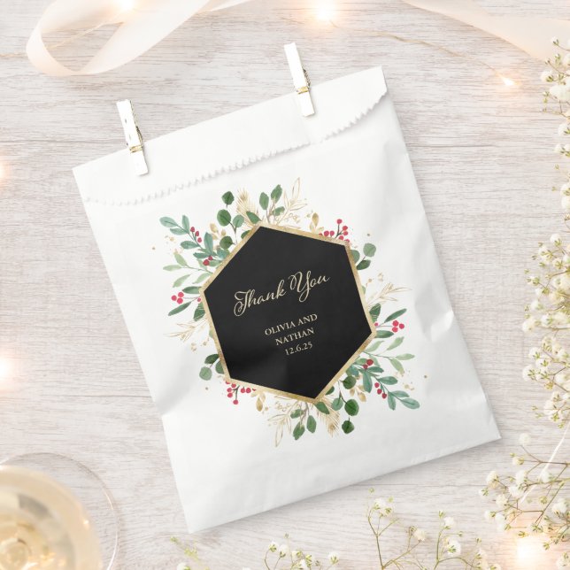 Sachets En Papier Vert doré sur noir | Mariage de Noël (Coupé)