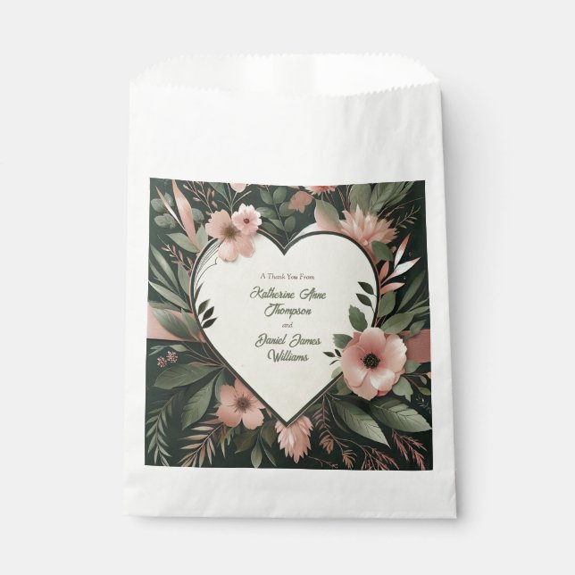 Sachets En Papier Vert foncé luxuriant et rose pâle Mariage floral (Devant)
