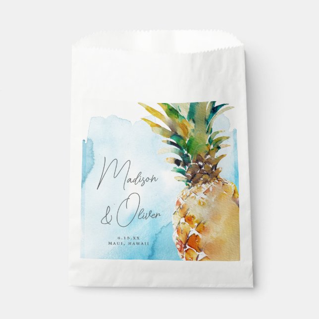 Sachets En Papier Vibrant Mariage d'aquarelle à ananas tropicale (Devant)