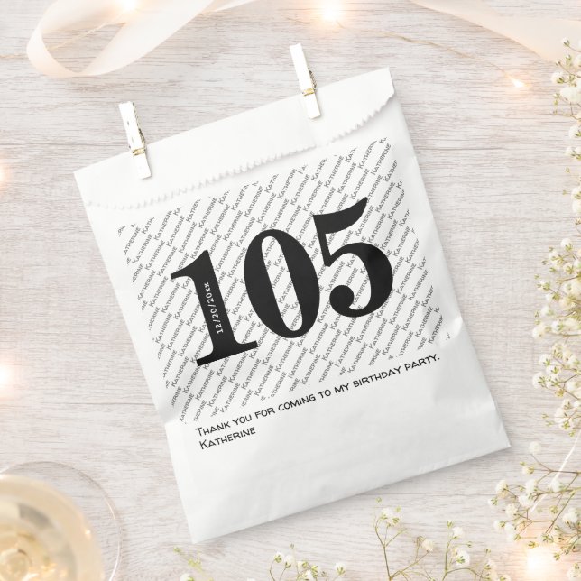 Sachets En Papier Votre nom Motif Bold Black Age 105 Numéro Date (Coupé)
