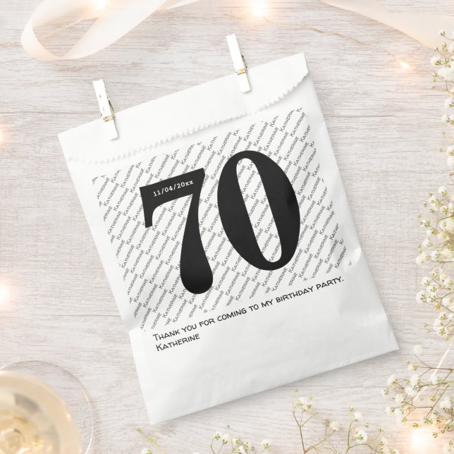 Sachets En Papier Votre nom Motif Bold Black Age 70 Numéro Date (Coupé)